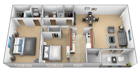 2 bedroom 2 bathroom 3D floor plan at The Village of Pine Run Apartments in Windsor Mill, MD